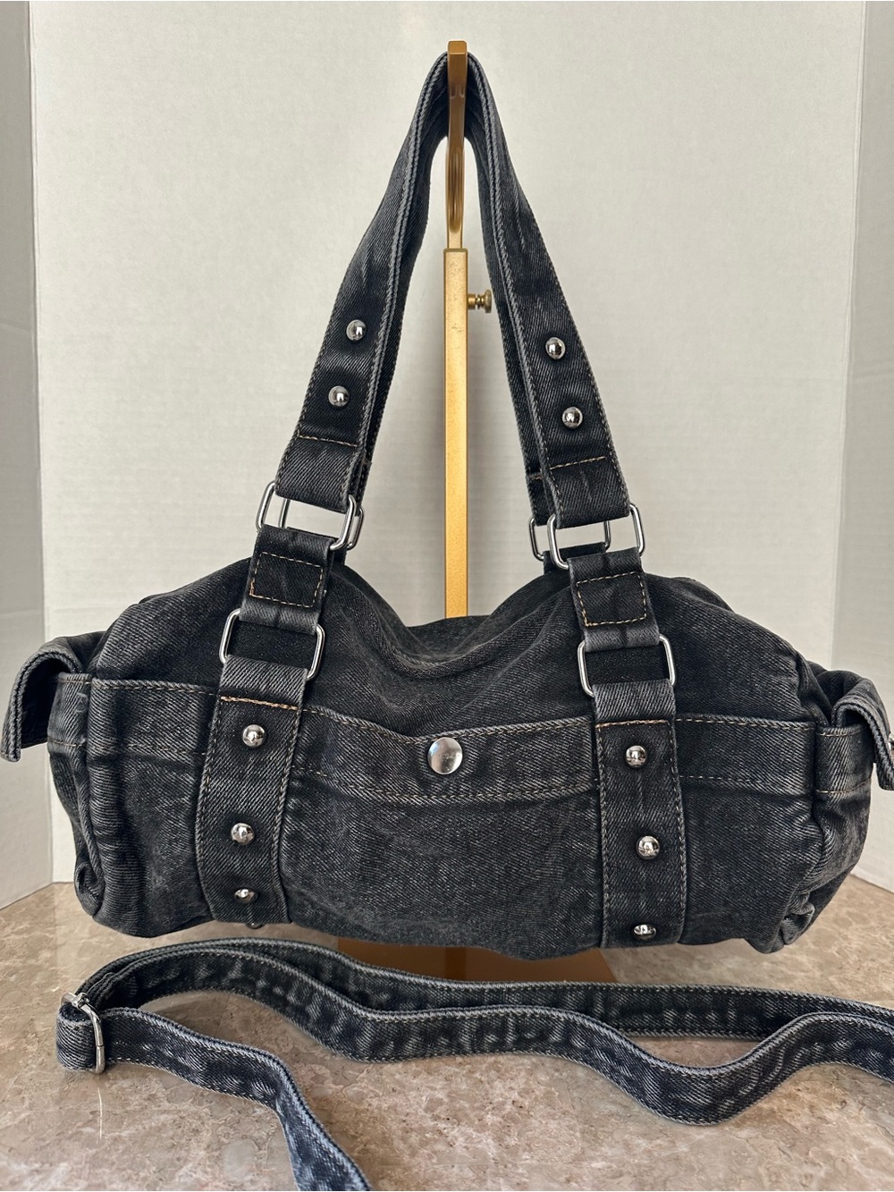 Distressed Grunge Black Denim Boston Shoulder Bag Punk Stud Crossbody Y2K Purse